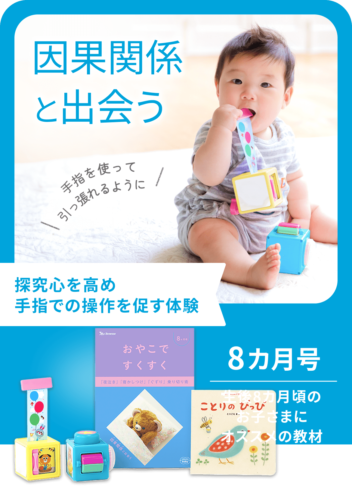 因果関係と出会う 手指を使って引っ張れるように 探求心を高めて指での操作を促す体験 8ヵ月 生後8ヵ月頃のお子さまにオススメの教材