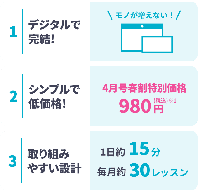 . デジタルで完結！モノが増えない。 2. シンプルで低価格！4月号春割特別価格 980円（税込）。 3. 取り組みやすい設計。1日約15分、毎月30レッスン。