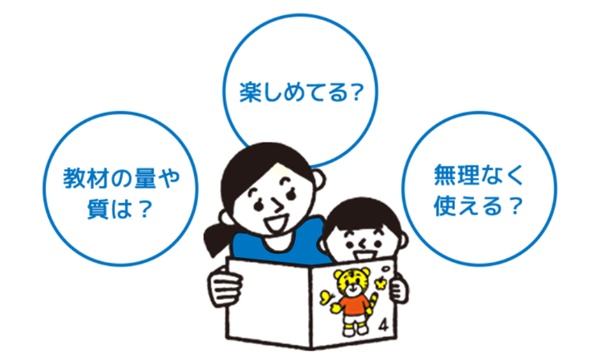イラスト：教材の量や質は？楽しめてる？無理なく使える？