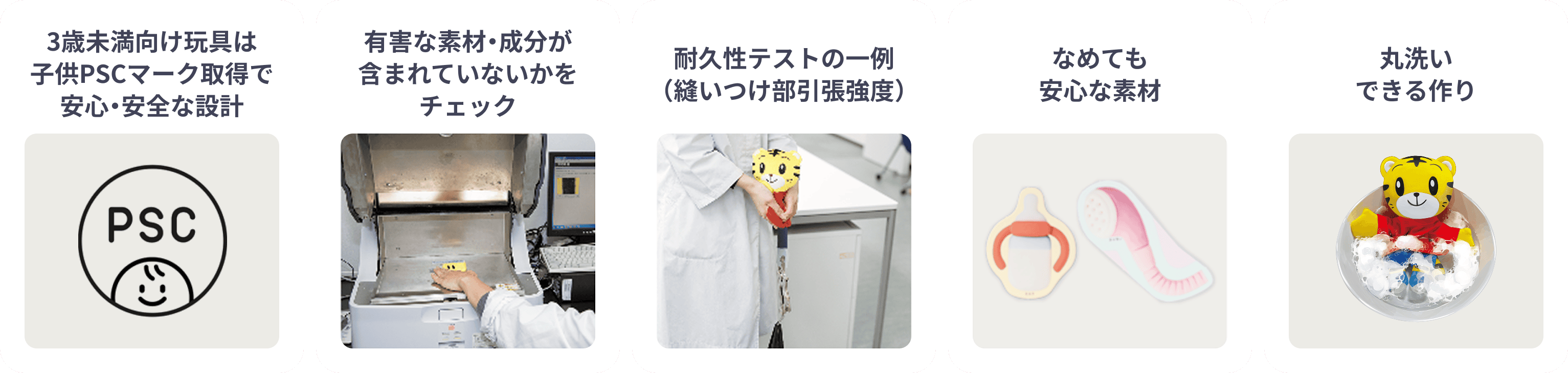 有害な素材・成分が含まれていないかをチェック 耐久性テストの一例（縫いつけ部引張強度） なめても安心な素材 丸洗いできる作り 3歳未満向け玩具は子供PSCマーク取得で安心・安全な設計