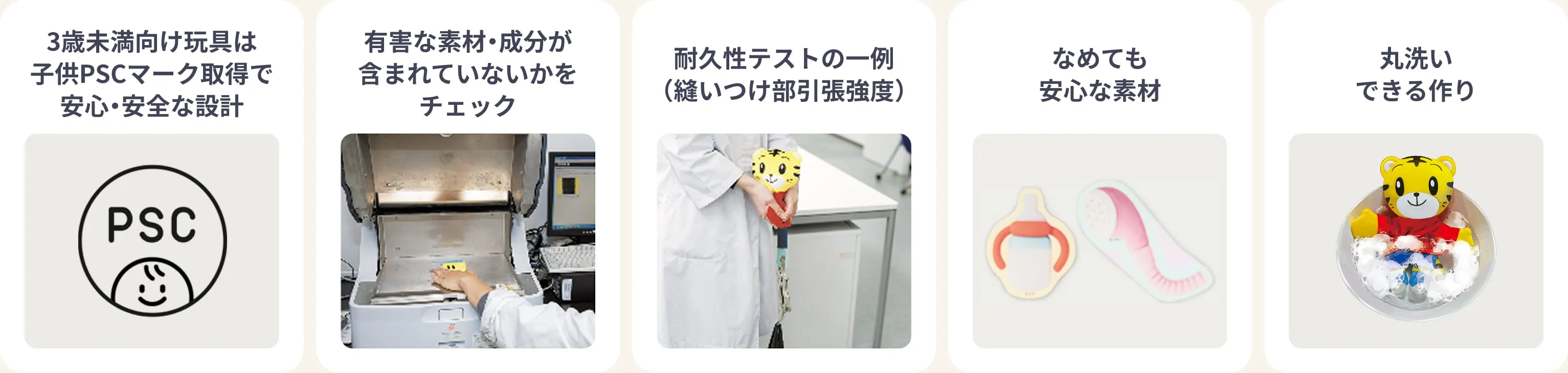 有害な素材・成分が含まれていないかをチェック 耐久性テストの一例（縫いつけ部引張強度） なめても安心な素材 丸洗いできる作り 3歳未満向け玩具は子供PSCマーク取得で安心・安全な設計