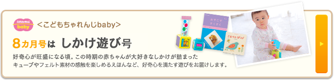 ＜こどもちゃれんじbaby＞8カ月号は しかけ遊び号好奇心が旺盛になる頃。この時期の赤ちゃんが大好きなしかけが詰まったキューブやキラキラ光るえほんなど、好奇心を満たす遊びをお届けします。