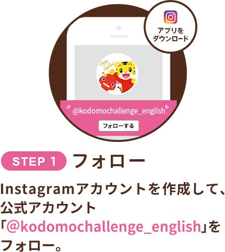 STEP1:フォロー　instagramまたはX(旧Twitter)アカウントを作成して、公式アカウント「＠kodomochallenge」をフォロー。