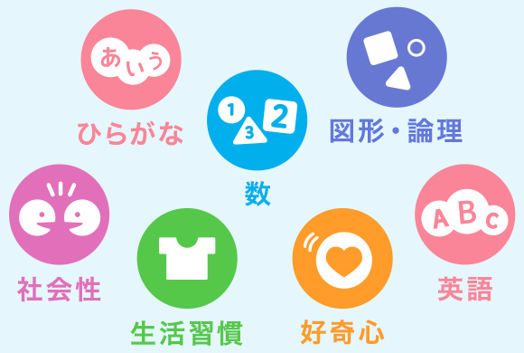 ひらがな　数　図形・論理　社会性　生活習慣　好奇心　英語