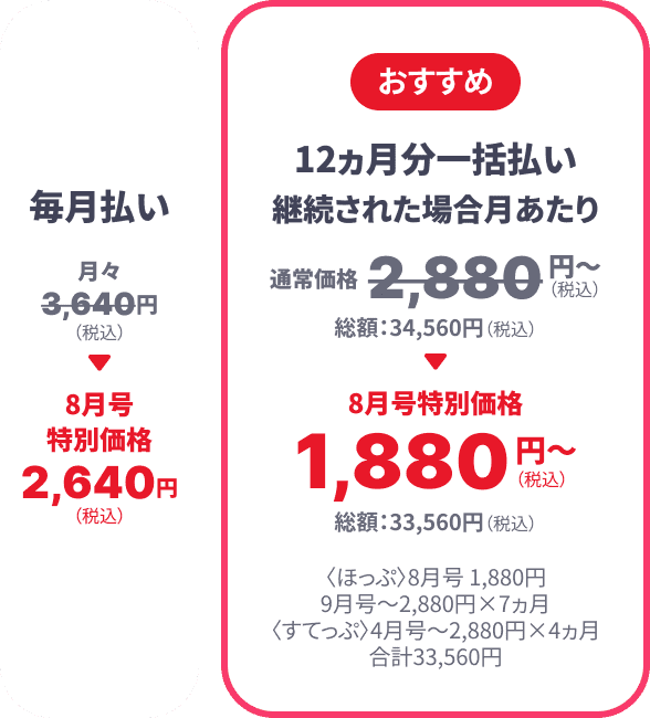 毎月払い 月々3,640円（税込） → 8月号特別価格2,640円（税込） 【おすすめ】12ヶ月分一括払い 継続された場合月あたり通常価格2,880円~(総額34,560円) → 8月号特別価格 1,880円~（総額33,560円） 〈ほっぷ〉8月号 1,880円 9月号～2,880円×7カ月 〈すてっぷ〉4月号～2,880円×4ヵ月 合計33,560円
