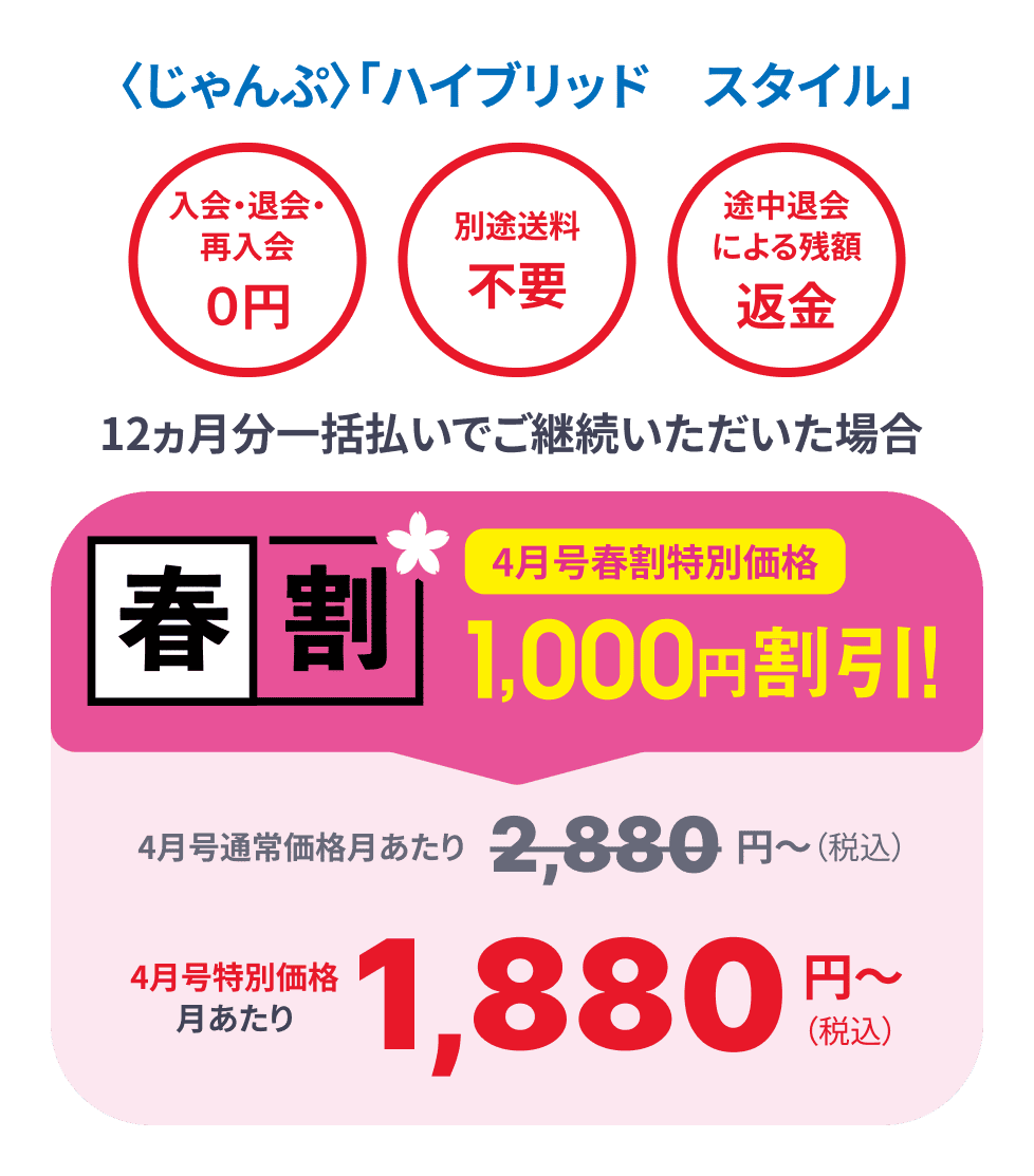入会・退会・再入会0円 別途送料不要 途中退会による残額返金 12ヶ月分一括払いでご継続いただいた場合4月号受講日1000円割引! 4月号特別価格月あたり1,880円(税込)~