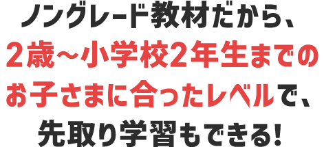 ノングレード教材だから、幼児〜小学生2年生までのお子さまに合ったレベルで、先取り学習もできる！