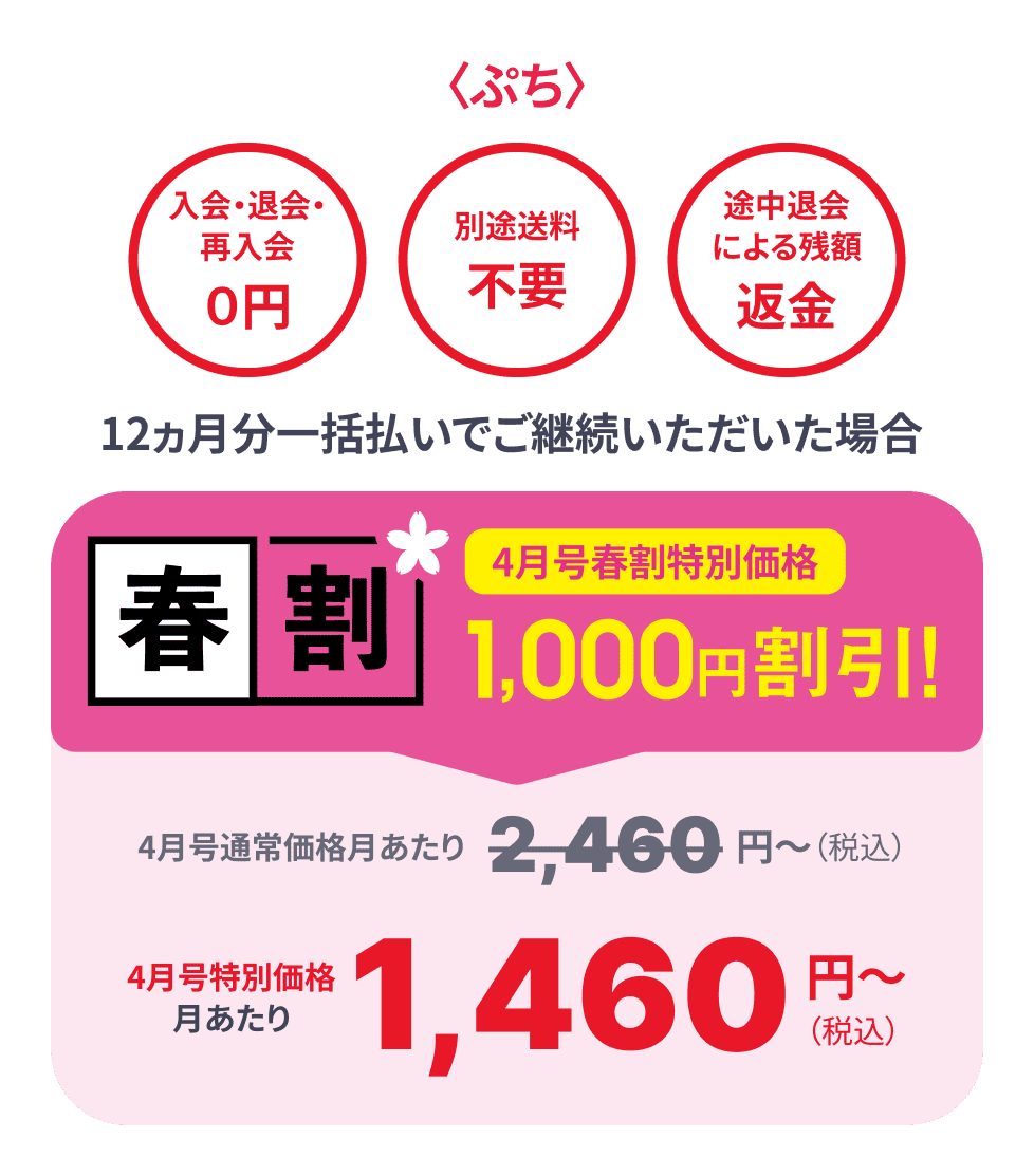 入会・退会・再入会0円 別途送料不要 途中退会による残額返金 12ヶ月分一括払いでご継続いただいた場合4月号受講日1000円割引! 4月号特別価格月あたり1,460円(税込)~